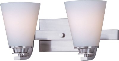 Mostrar detalles para 100W Conical 2-Light Bath Vanity SN Satin White Glass MB Incandescent  Imagen de 100W Conical 2-Light Bath Vanity SN Satin White Glass MB Incandescent