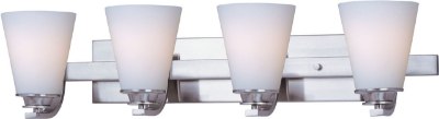 Mostrar detalles para 100W Conical 4-Light Bath Vanity SN Satin White Glass MB Incandescent  Imagen de 100W Conical 4-Light Bath Vanity SN Satin White Glass MB Incandescent