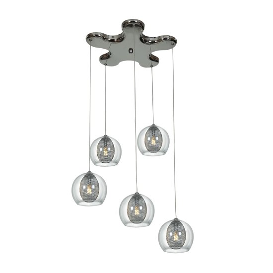 Picture of 100w (5 x 20) Aeria G4 Bi-Pin Halogen Damp Location Chrome Metal foil encapsulated in clear glass pendant with pentagon canopy (CAN 4.5"Ø14")