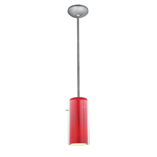 Foto para 100w Glass`n Glass  Cylinder Pendant E-26 A-19 Incandescent Dry Location Brushed Steel Clear Red Glass 10"Ø4.5" (CAN 1.25"Ø5.25")