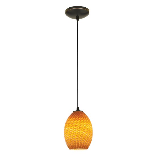 Foto para 11w Brandy FireBird E-26 A-19 LED Dry Location Oil Rubbed Bronze Amber Firebird Cord Glass Pendant (CAN 1.25"Ø5.25")