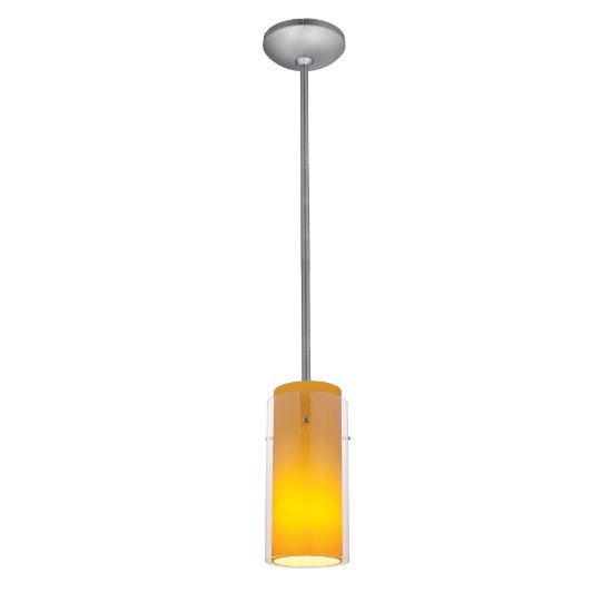 Foto para 12w Glass`n Glass Cylinder SSL 90CRI LED Dry Location Brushed Steel Clear Amber Rod Glass Pendant (CAN 1.25"Ø5.25")