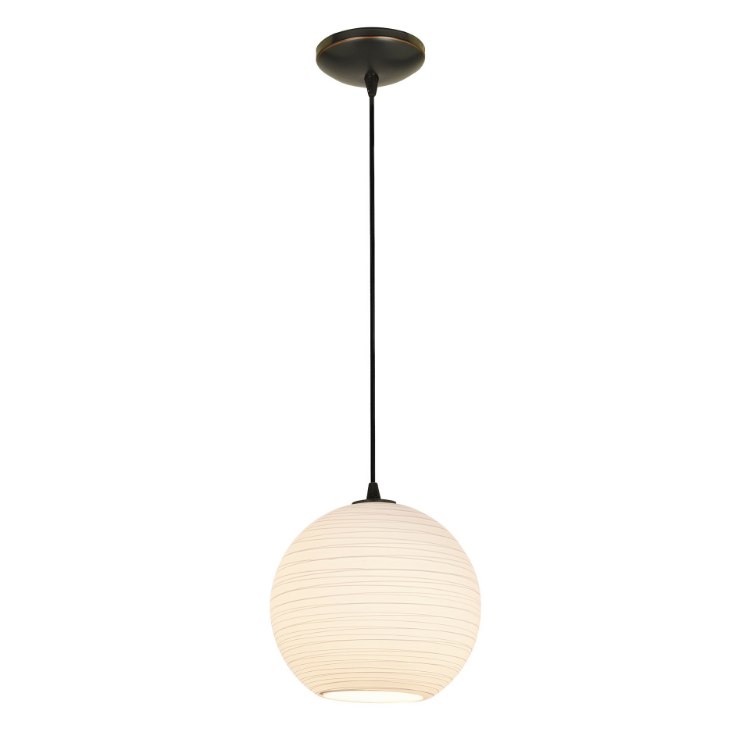 Picture of 11w (l) Japanese Lantern E-26 A-19 LED Dry Location Oil Rubbed Bronze White Lined Cord Glass Pendant (CAN 1.25"Ø5.25")