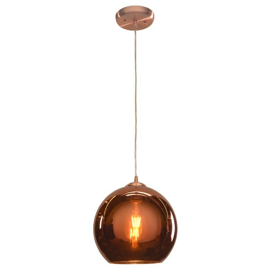 Picture of 11w 800lm 30k Glow E-26 Replaceable LED Dry Location Brushed Copper Copper Mirrored Glass Dimmable LED Pendant 10"Ø10" (OA HT 15-130") (CAN 1"Ø5")