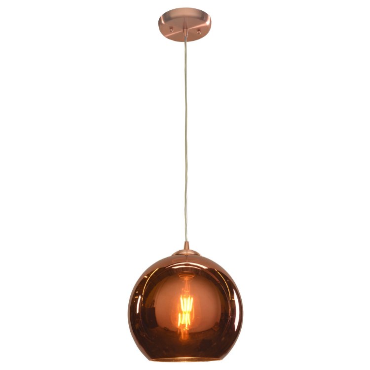 Picture of 11w 800lm 30k Glow E-26 Replaceable LED Dry Location Brushed Copper Copper Mirrored Glass Dimmable LED Pendant 10"Ø10" (OA HT 15-130") (CAN 1"Ø5")
