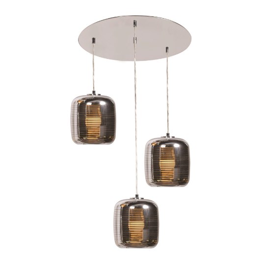 Foto para 9w (3 x 3) 2400lm 30k Dor Dimmable E-26 Replaceable LED Dry Location Mirrored Stainless Steel Smoked Amber 3-Light Pendant (OA HT 129")