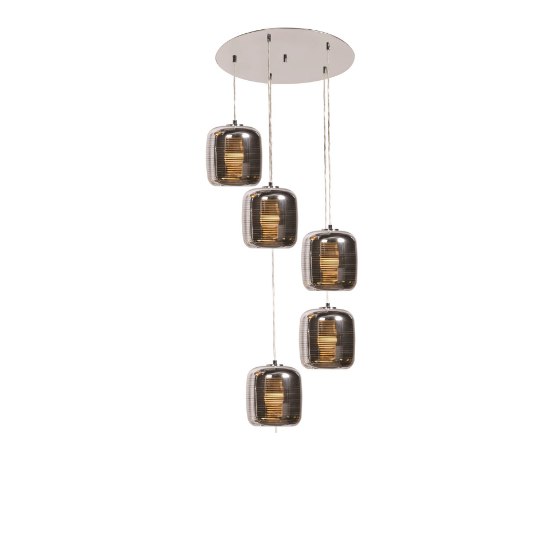 Picture of 9w (5 x 1.8) 4000lm 30k Dor Dimmable E-26 Replaceable LED Dry Location Mirrored Stainless Steel Smoked Amber 5-Light Pendant (OA HT 129")