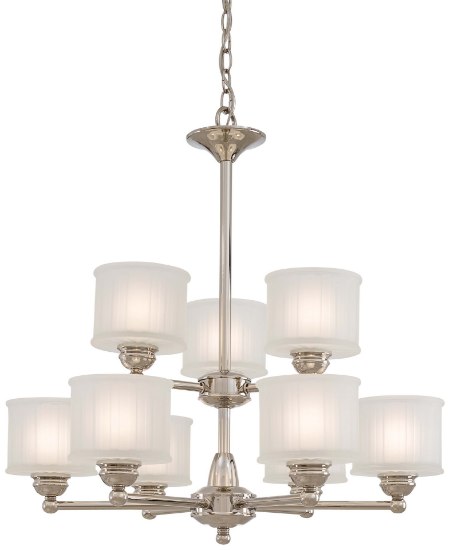 Picture of 100w SW 9 Light Chandelier Polished Nickel Etched Glass Box Pleat