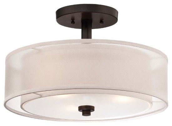 Picture of 60w SW 3 Light Semi Flush Mount Smoked Iron Translucent Silver Linen W/Off-White Linen Inner