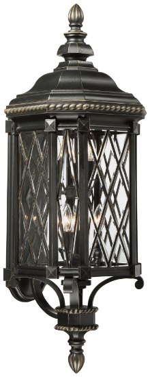 Picture of 40w SW 6 Lt Outdoor Wall Mount Black W/Gold Highlights Clear Beveled Bound Glass