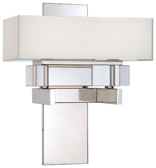 Picture of 75w SW Two Light Wall Sconce Polished Nickel Mitered White Glass