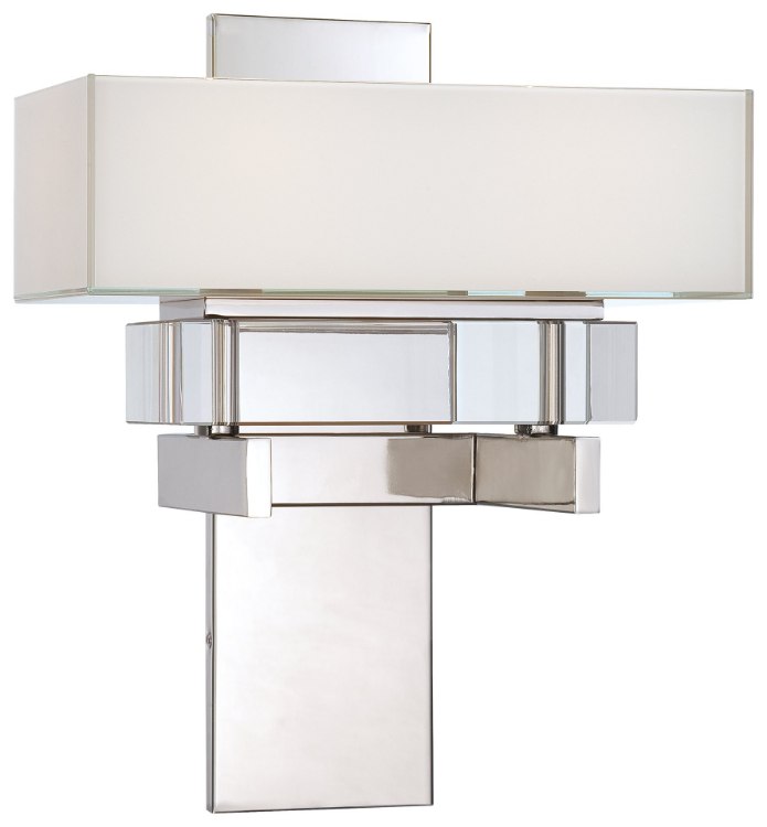 Picture of 75w SW Two Light Wall Sconce Polished Nickel Mitered White Glass