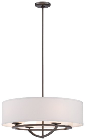 Foto para 100w SW 4 Light Drum Pendant Smoked Iron White Fabric With Etched Opal Glass