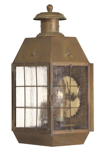 Picture of 60w Outdoor Nantucket CAND Clear Seedy Panels Aged Brass Medium Wall Mount