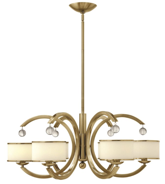 Picture of 60w Chandelier Monaco CAND Etched Opal Metal Trimmed Glass Shade Brushed Caramel Stem Hung