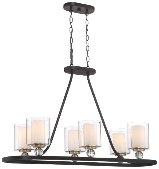Picture of 100w SW 6 Light Island Light Painted Bronze W/Natural Brush Clear Glass W/Interior Etched White Glass