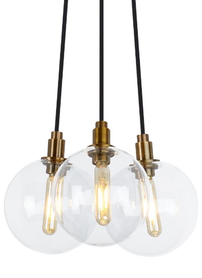 Foto para 2w Gambit 27k Transparent Glass Globe Aged Brass E12 T6 90cri Gambit 3-Lite Chandelier 3-L CL AB -LED927