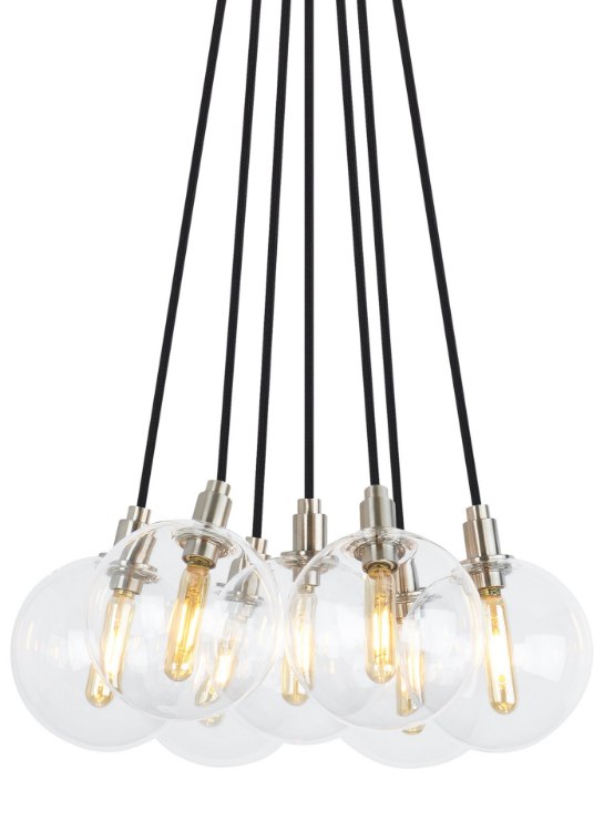 Picture of 2w Gambit 22k Transparent Glass Globe Aged Brass E12 T6 90cri Gambit 7-Lite Chandelier 7-L CL AB -LED922