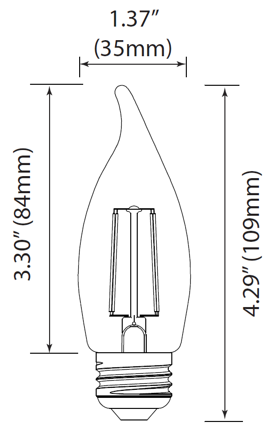 5w ≅40w 325lm 22k 120v E26 BA10 Filament Candle Dimmable SW LED Light ...